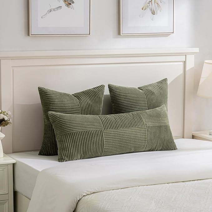 Fancy Homi Set of 2 Olive Green Boho Long Lumbar Body Decorative Throw Pillow Cover 14x36 Inch for Bed Couch Bedroom Bench, Soft Patchwork Corduroy Textured Pillow Case, Rustic Farmhouse Room Décor