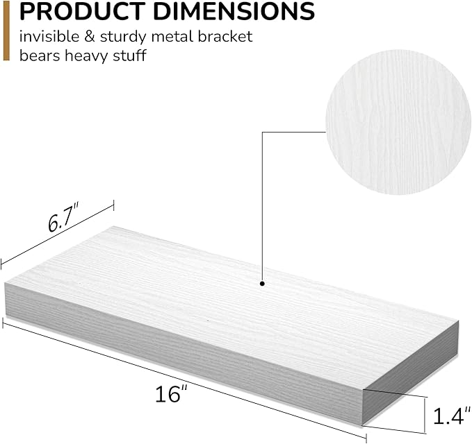 Fun Memories Floating Shelves - 16 Inch Rustic White Wall Shelf - Wall Mounted Shelves for Wall Decor Storage - Wooden Shelves with Invisible Brackets for Living Room, Bedroom, Kitchen, 2 Pack