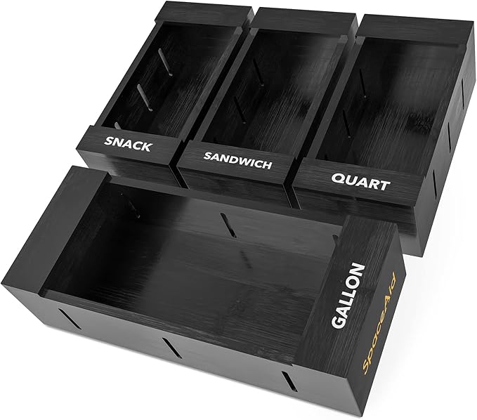 SpaceAid Bag Storage Organizer for Kitchen Drawer, Bamboo Organizer, Compatible with Gallon, Quart, Sandwich and Snack Variety Size Bag (4 Pack), Black