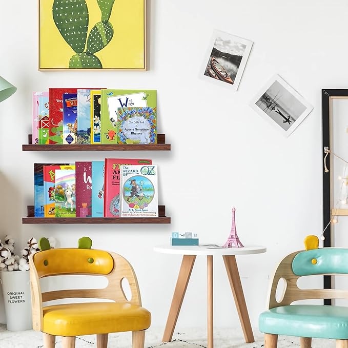 AZSKY Floating Book Shelves Wall Mounted Photo Shelf Picture Ledge Deep Walnut Display Shelves for Home Living Room Bedroom Bathroom Office Set of 2