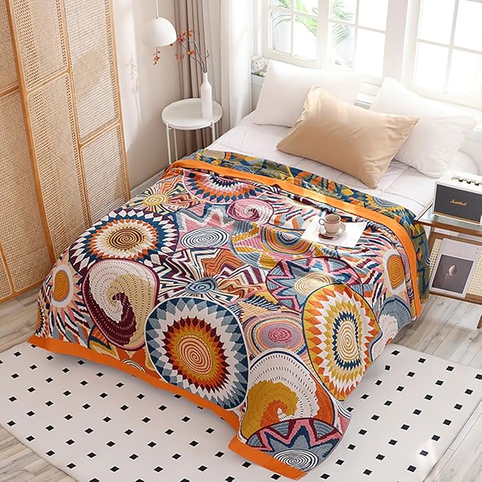 Boho Muslin Blanket for Adults 4-Layer Gauze Twin Size Soft Cozy 100% Cotton Summer Cooling Blanket Floral Decor for Sofa Bed Coverlet Both Sides (Boho Stars, Twin 60 x 80 in)