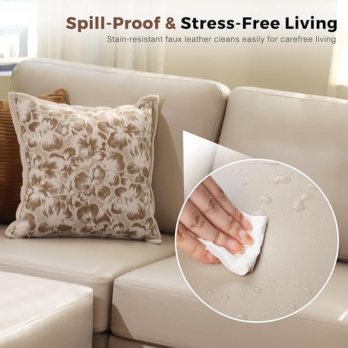 ABCASA Faux Leather Single Sofa, Modern Accent Chair Whitesand with Storage Deep Seat Large Reading Armchair for Living Room Bedroom Office