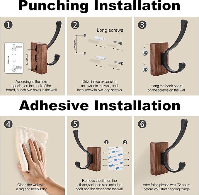 8 Pack Wooden Wall Hooks for Hanging, Adhesive Mounted & Wall Mounted Nature Wood Coat Hooks for Towel Clothes Blanket Hat Backpack Robe Nursery Door Board Entryway Key Holder