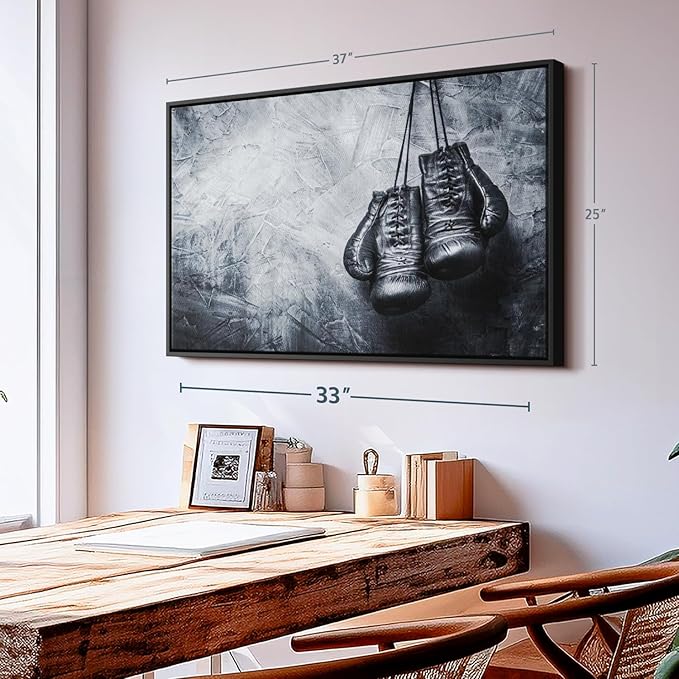 ElephantStock Boxing Gloves Wall Art - Horizontal Framed Canvas - 1-Piece Living Room Wall Decor - Photography Sports Canvas Print - Black and Gray Decor for Wall - 37" X 25"
