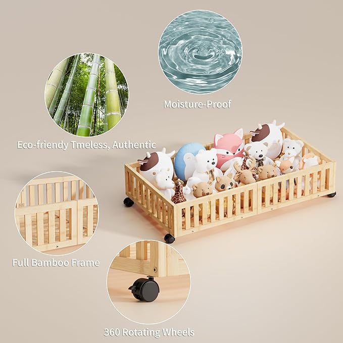 Bamboo Under Bed Storage with Wheels (2-Pack) – Rolling Underbed Shoe Organizer Box for Shoes, Blankets, Toys, Clothes Container Space-Saving Organizer Bins for Bedroom, Closet, Dorm, Nursery