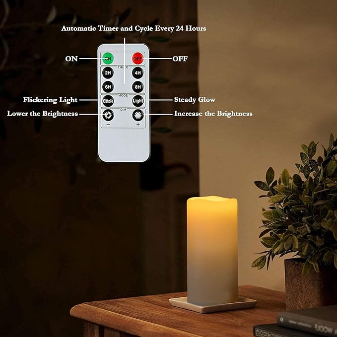 Homemory 4" x 8" Waterproof Outdoor Flameless Candles, Battery Operated Flickering LED Pillar Candles with Remote and Timers for Indoor Outdoor Lanterns, Long Lasting, Large, Dark Ivory, Set of 2