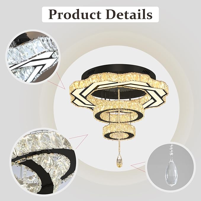 Flashing God Modern Crystal Chandeliers Dia 24" Black Chandelier Flush Mount Ceiling Light for Bedroom Living Room Dining Room Hallway Dimmable 3 Rings LED Celing Lighting Fixtures