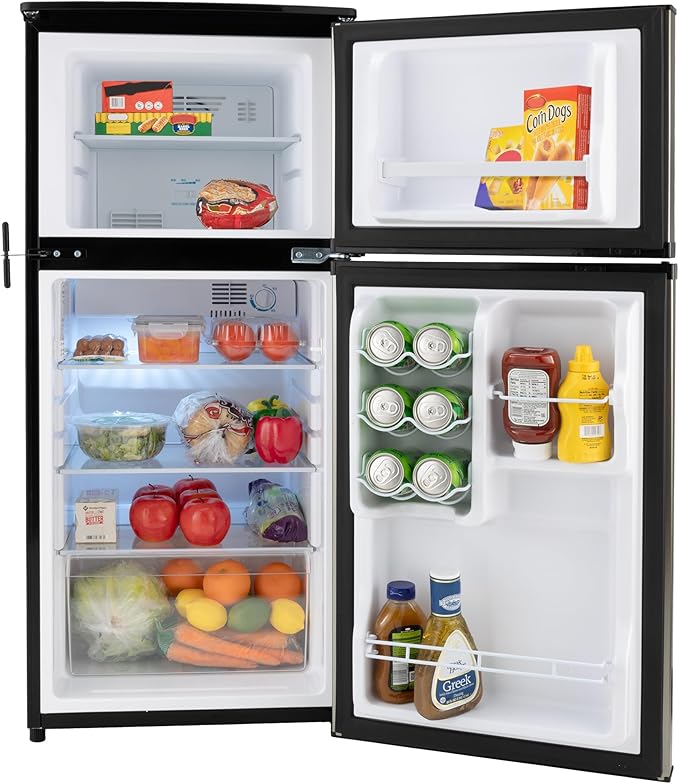 RecPro 4.4 Cu Ft RV Refrigerator | 12V Stainless Steel Fridge with Freezer | Frost-Free, Adjustable Shelves, Built-In Lock, Reversible Door | Off-Grid Ready Camper Fridge with Can Holder