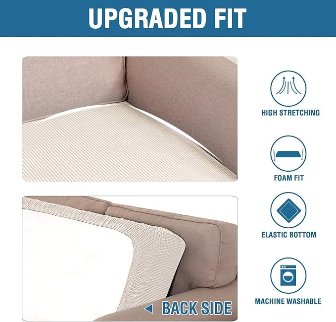 H.VERSAILTEX Super Stretch Individual Seat Cushion Covers - Sofa & Couch Cushion Slipcover Sets - Thick Jacquard Textured Twill Fabric (3 Piece XL, Ivory)