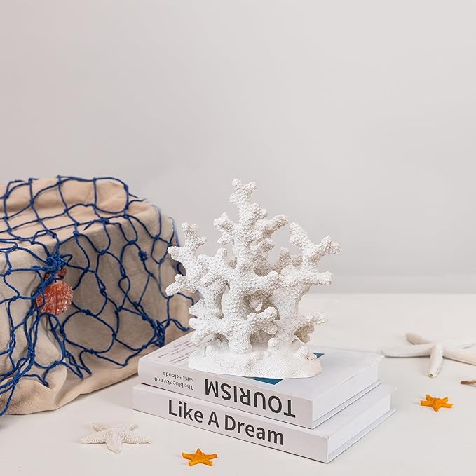 7.1" H White Coral Decor, Resin Statue, Nautical Decorations for Home, Bedroom, Bathroom, Living Room, Beach/Coastal/Ocean Themed Cabinet Shelf Tabletop Decor