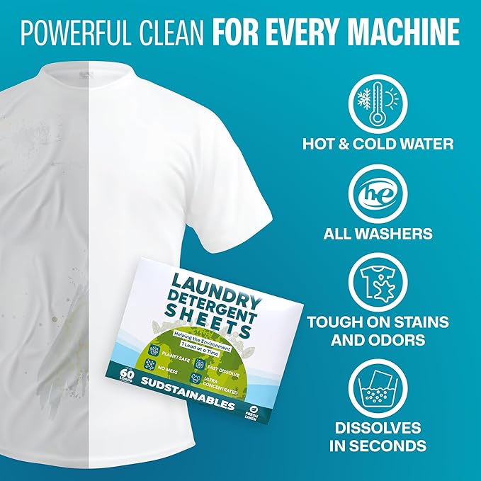 Sudstainables Laundry Detergent Sheets (60 Loads) – Eco-Friendly, Zero Waste, Plastic-Free Laundry Washing Machines Soap Sheets; Dissolvable, Space-Saving Strips for Travel (Fresh Linen)