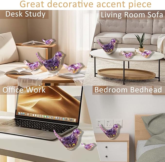 Crystal Bird Figurines, Resin Animal Statues, Miniature Decorative Gravel Birds, Home Decor (4PCS-Amethyst)