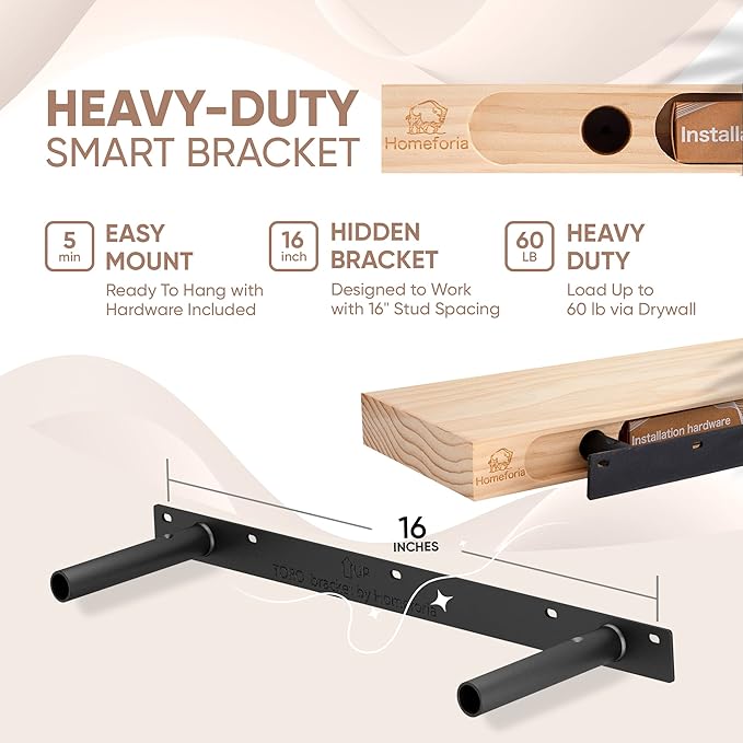 Homeforia 24 inch Wood Floating Shelves, High End Solid Natural Wood 24inch Floating Shelf for Wall, Unfinished Wooden 24 inches Floating Shelves, Heavy Duty Bracket, 24 X 6.5 X 1.75 in, Set of 4