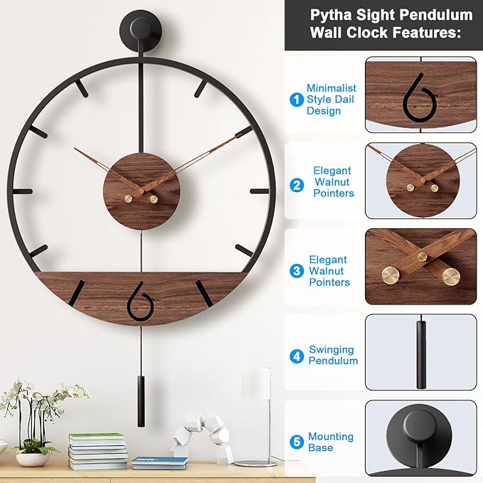 30.7×20 Inch Large Modern Decorative Pendulum Wall Clock,Big Metal Farmhouse Oversized Silent Wall Clocks Minimalist Elegant Walnut Dial Pointers for Living Room,Office,Dining Room Decor
