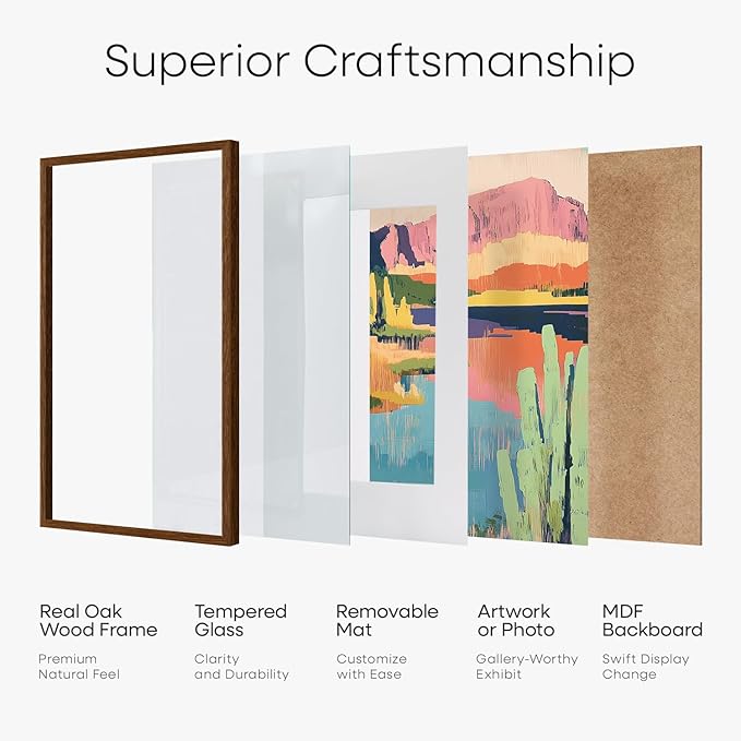 Homeforia 11x17 Brown Picture Frame, High End Dark Oak 11x17 Poster Wood Frame with Mat 8x12 Print, 11 x 17 Wooden Walnut Frame Matted to 8 x 12 Photo, 17x11 Frames, Tempered Glass, Wall Kit, Set of 1