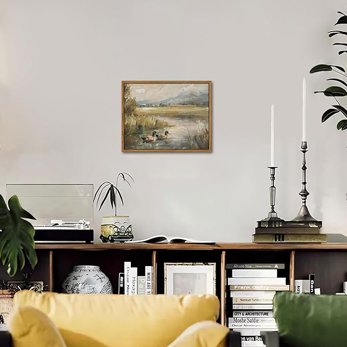 Floating Framed Canvas Wall Art, Vintage Mallard Duck Oil Paintings Print, Countryside Art Wildlife Nature Pond Wall Decor for Living Room, Bedroom, Office, Rustic Decor 8x10 inch