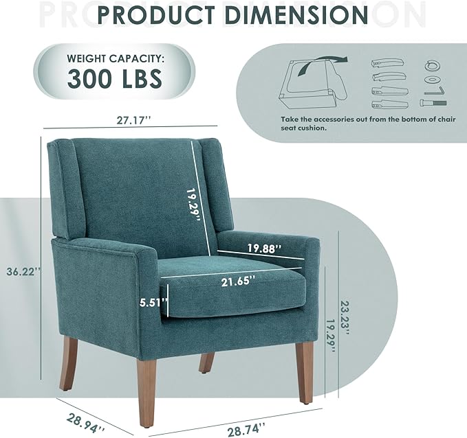 COLAMY Modern Wingback Living Room Chair, Upholstered Fabric Accent Armchair, Single Sofa Chair with Lounge Seat and Wood Legs for Bedroom/Office/Reading Spaces, Teal