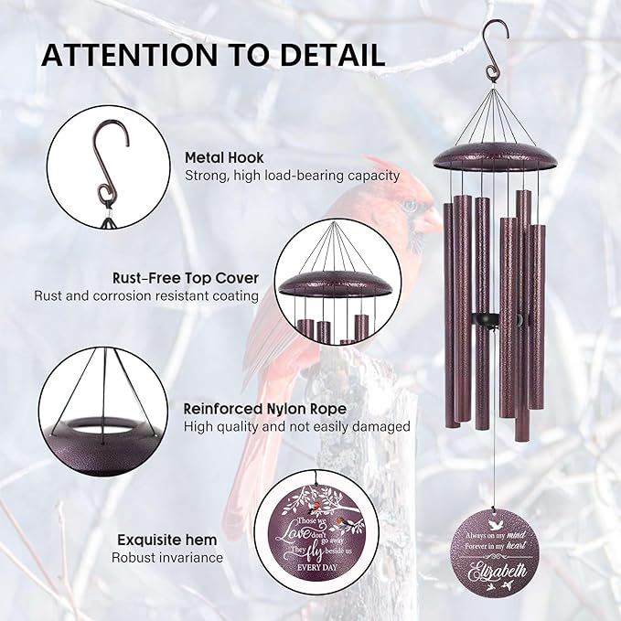 ASTARIN 36" Large Deep Tone Personalized Name Sympathy Wind Chimes, Cardinal Memorial Wind Chime for Loss of Mother Father Loved One, Bereavement Condolence Gifts Decor Outdoor Patio Garden