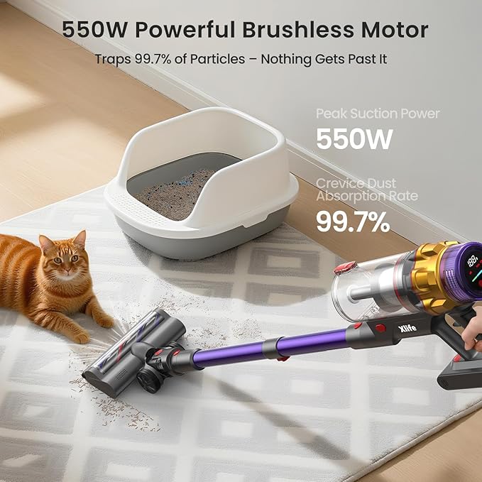 Xlife 550W Cordless Vacuum Cleaner 48KPa Powerful Suction, Long Runtime, Green Light Dust Detection, Adjustable Stick, Tangle-Free Brush for Pet Hair/Carpet/Hardwood Floors-P12