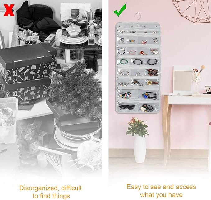 Freegrace Hanging Jewelry Organizer Revolving Hanger - Secure Zipper Closure - 50 Pockets - Foldable Storage & Display Solution - For All Jewelry & Bijoux (Gray)