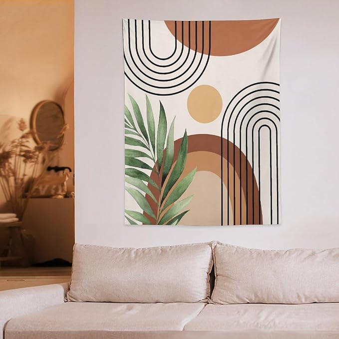 Abstract Bohemian Mid Century Tapestry, Tropical Leaves Modern Geometric Archway Minimalist Bohemian Botanical Aesthetic Wall Hanging, Sage Green Gold Home Decor Art for Bedroom 40x60 Inch
