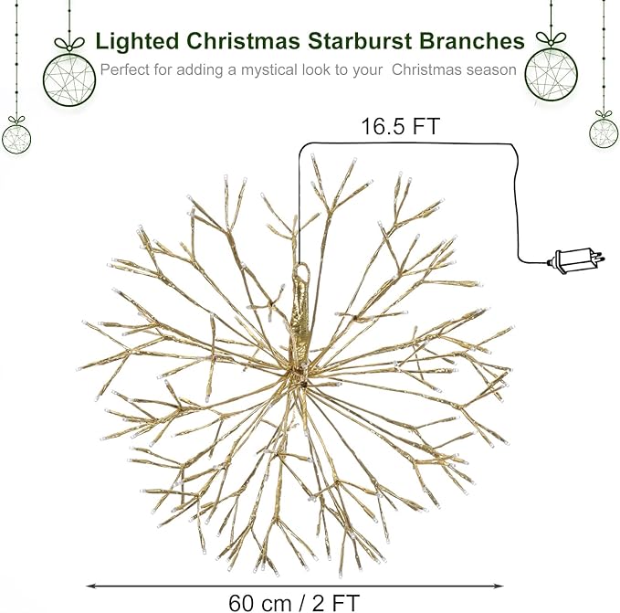 Christmas led Sparkle Ball Hanging Outdoor décorations -Haning Twig Ball,Snowflake Ornament Lights Indoor Outdoor Festive Holiday Décor 24Inch (Warm White)