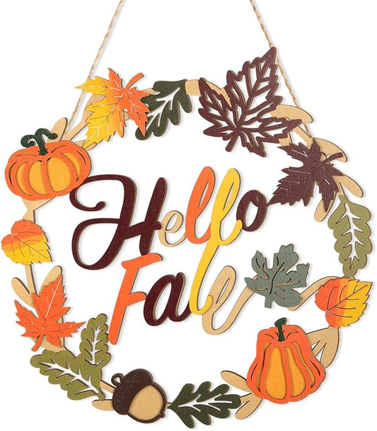 Fall Decoration Hello Fall Wreaths for Front Door, Wooden Welcome Maple Leaf Pumpkin Door Sign Ornament, Wood Farmhouse Wooden Hanging for Autumn Harvest Home Halloween Decoration