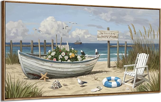 amatop Large Framed Wall Art for Living Room Nautical Beach Canvas Print Blue Flower Boat on Sandy Shore Ocean Seaside Landscape Coastal Artwork with Sea Birds Rustic Bedroom Office Home Decor 48×24 Inch