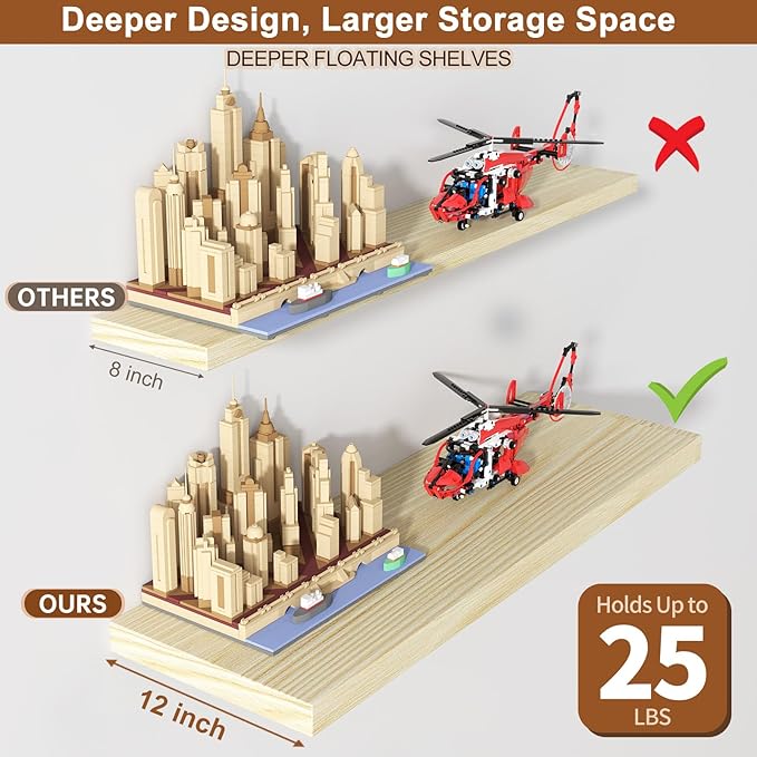 40 Inch Floating Shelf 2 Pack Large Floating Shelves for Wall No Drilling Accessories Included Deep Wall Shelves for Living Room Kitchen Farmhouse 40" W x 12" D x 1.2" Oak