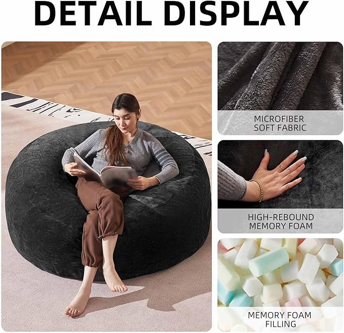 Bean Bag Chair 5Ft, Memory Foam Filled, Large Beanbag Chairs for Adults and Teens, Soft Sofa with Removable Flannel Cover, Round Couch for Living Room Bedroom College Dorm (Black, 5FT-60×60"×24")