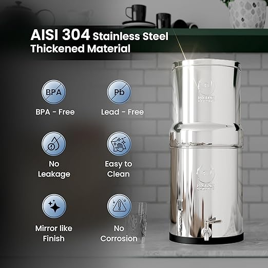 3.25 Gallons NSF Certified AISI 304 Stainless Steel Water Filter with 2 Smart Carbon (Black) Filters, 2 POSTreat Steel Fluoride Removal Elements & Free Stainless Steel Spigot