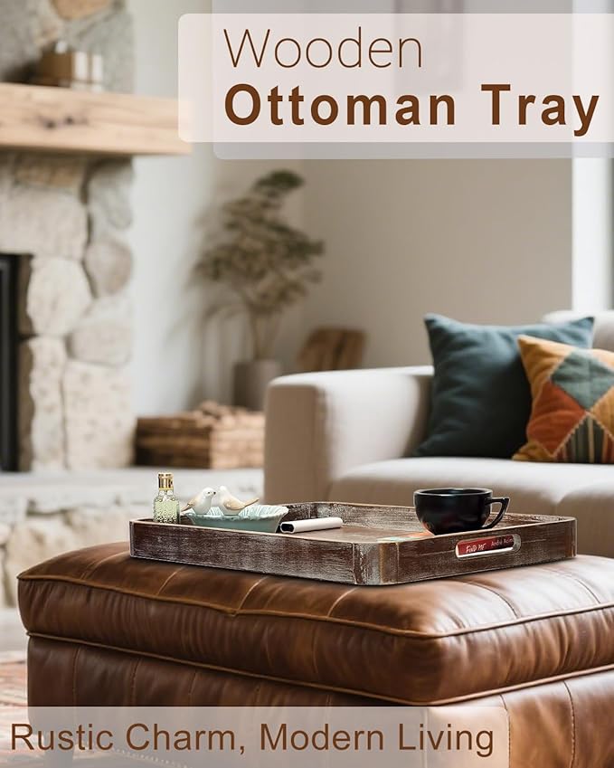 22 Inch Rustic Wood Serving Tray with Handles, Large Rectangular Wooden Ottoman Tray, Beautiful Home Décor for Living Room Coffee Table Couch, Ideal for Serving Food Breakfast BBQ Parties