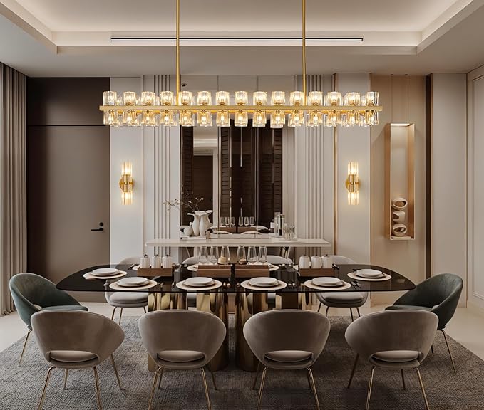 Crystal Brass Rectangle Chandeliers for Dining Room, 54in Gold Farmhouse Chandeliers for Dining Room, Modern Rectangle Crystal Chandelier for Kitchen Island Living Room, Includes 60XG4 Bulbs