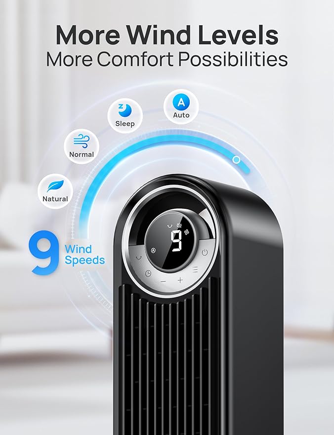 Dreo Tower Fan for Bedroom, Upgraded DC 9 Speeds 25dB Ultra-Quiet Floor Fan, 90° Oscillating Fans with 28ft/s Velocity, 12H Timer, Standing Fan, Bladeless Fan Powerful for Home Office Room