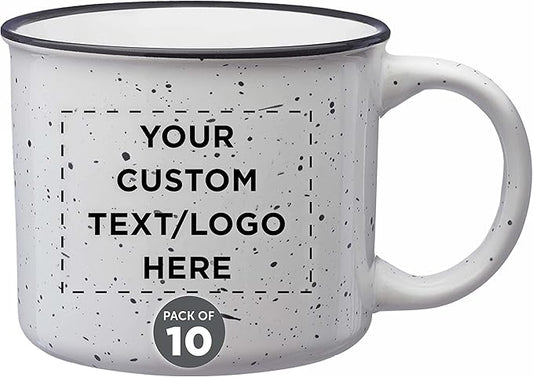 DISCOUNT PROMOS Custom Ceramic Campfire Coffee Mugs 13 oz. Set of 10, Personalized Bulk Pack - Perfect for Tea, Espresso, Cappuccino, Hot Cocoa - White