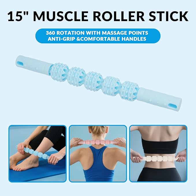 7 in 1 Foam Roller,Products Include Foam shafts,Muscle Roller Bars,Leg Massagers,Fascia Balls,Stretch Bands,8-Shaped Resistance Bands,are Used for Full-Body Relax,Yoga(White Pink Blue) (White)