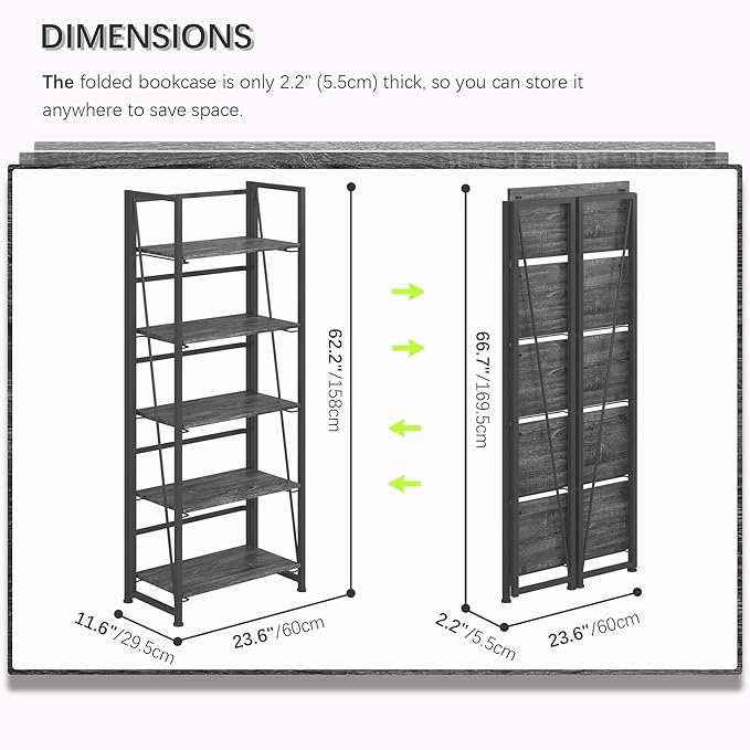 4NM No Assembly Foldable Bookshelf, 5-Shelf Collapsible Bookcase Storage for Small Spaces, 62.2" H, Gray and Black