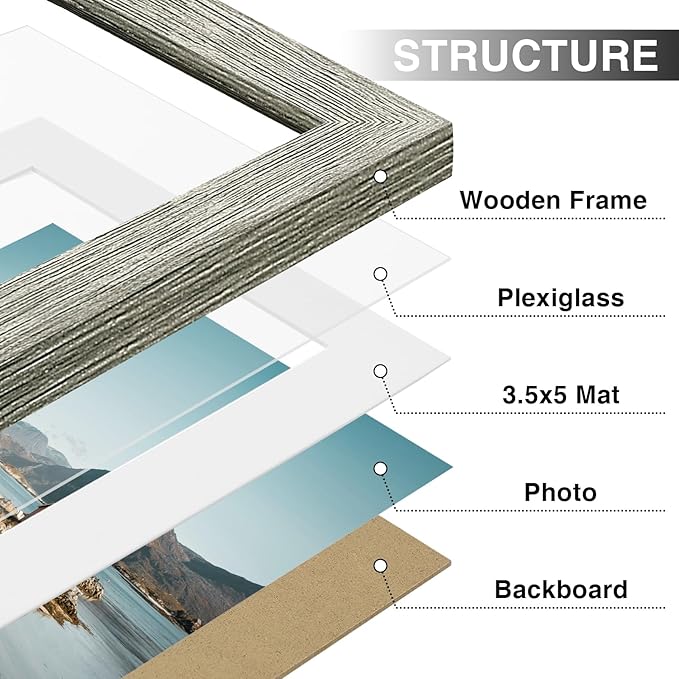 Vittanly 4x6 Picture Frames Set of 9, Shatter Resistant Plexiglass, Display 3.5x5 Pictures with Mat or 4x6 without Mat, Photo Frames for Wall or Tabletop, Engineered Wood, Grey