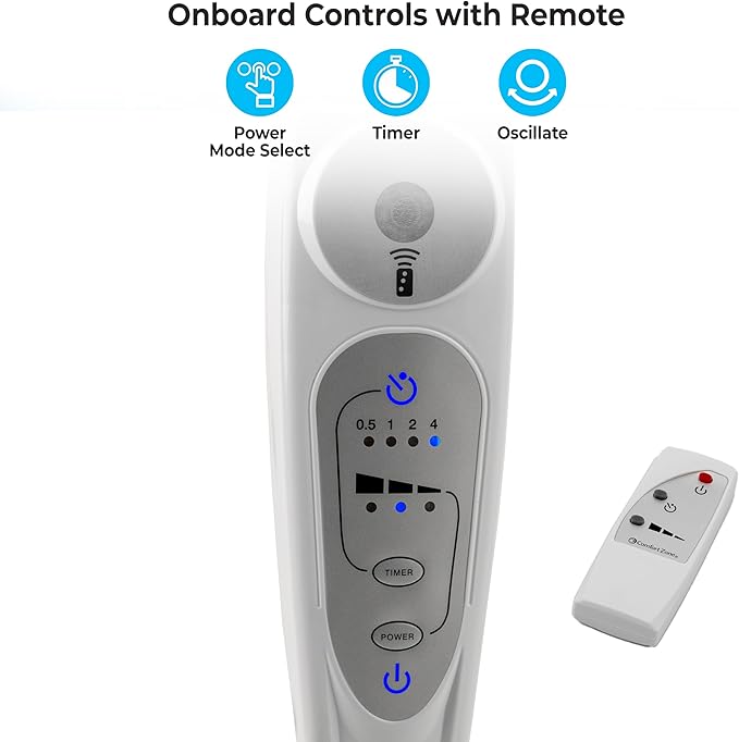 Comfort Zone 18-Inch Oscillating Pedestal Fan with Remote Control, 3-Speed Standing Fan with Adjustable Height (45–52”), Tilt, 4-Hour Timer & Auto Shutoff – Quiet Bedroom Fan, White