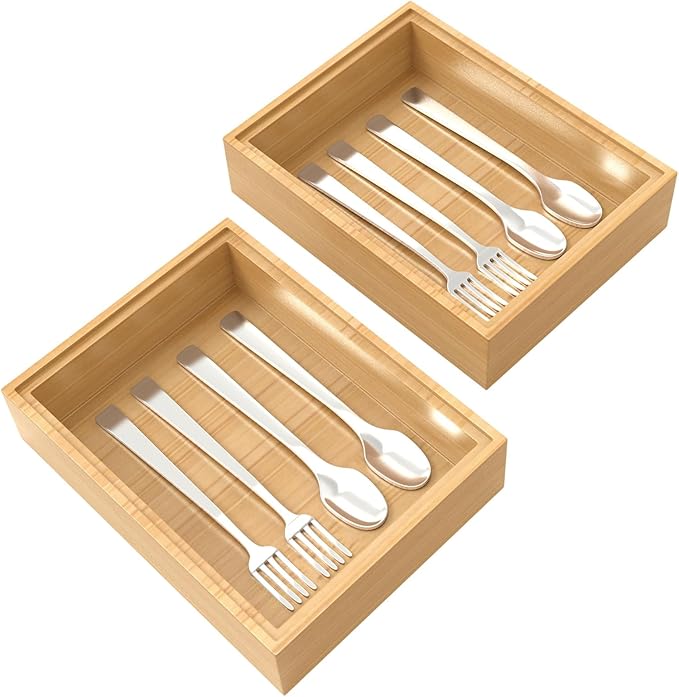 Bamboo Drawer Organizer, 2PCS Stackable Storage Boxes for Utensil Organizer, Wood Tray for kitchen, Bathroom and Bedroom 9" x 6" x 2"
