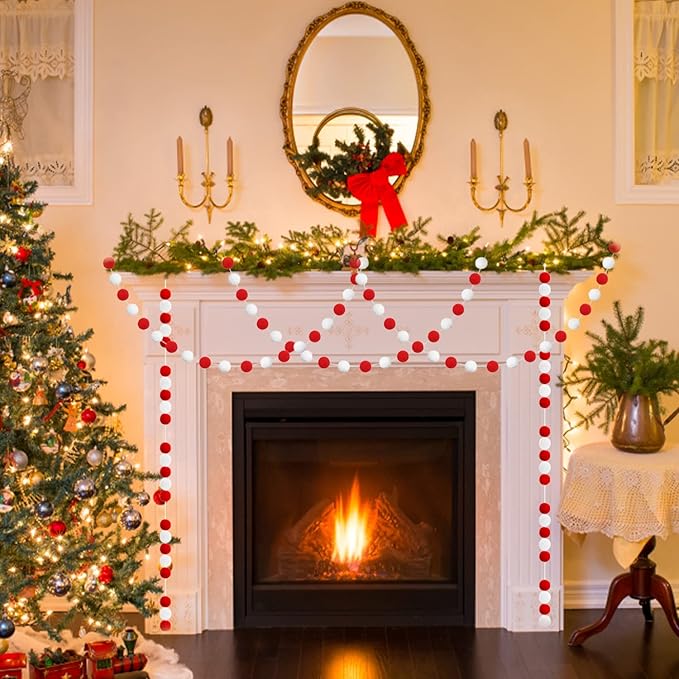 Jishi 3-Pack Pom Pom Garland Red and White Felt Ball Ornament Garland Christmas Decorations, Cute Pompom Strings for Christmas Tree Decor, Xmas Holiday Party, Birthday Banner - 6.6 Feet Long, 24 Balls