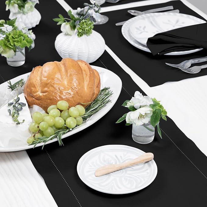 Solino Home Linen Black Table Runner 90 Inches Long - 100% Pure Linen Hemstitch 14 x 90 Inch Table Runner for Dining, Fall, Autumn, Halloween, Thanksgiving - Classic Hemstitch