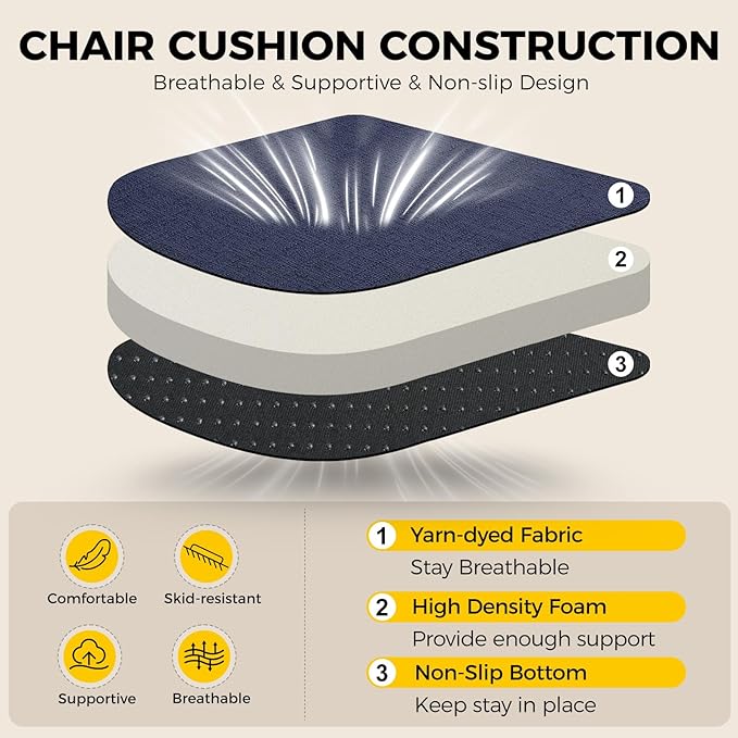 downluxe Indoor Chair Cushions for Dining Chairs, Soft and Comfortable Textured Foam Kitchen Chair Pads with Ties and Non-Slip Backing, 16" x 16" x 2", Navy, 2 Pack