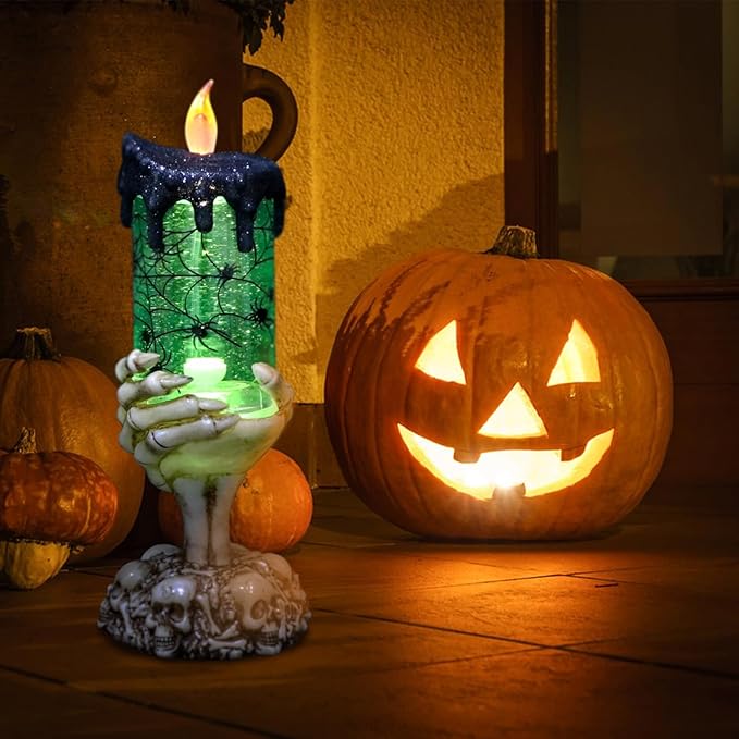 Eldnacele Halloween Snow Globe Candles Lighted Lamp USB Powered Battery Operated Spooky Spinning Water Glittering Tornado Flameless Candles Skeleton Hand Holder Halloween Centerpiece Decor(Spider)