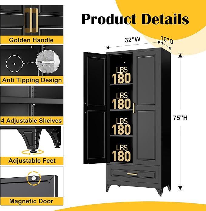 75" Kitchen Pantry Cabinet with Drawer, Metal Storage Cabinets with Doors and 4 Adjustable Shelves,Black Kitchen Cabinet with 2 Gold Handles,Food Cupboard for Livingroom,Pantry