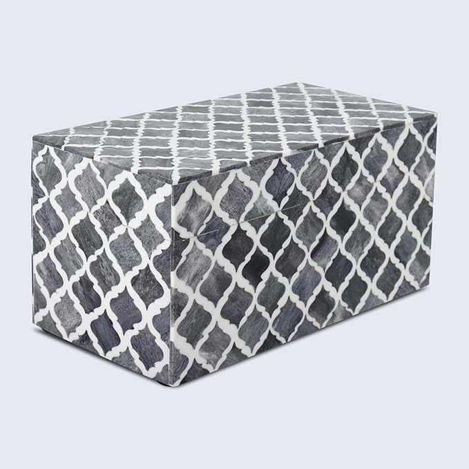 Handicrafts Home Handmade Moroccan Pattern Inspired Decorative Box - Large Storage Organizer for Neck Chains, Watches, Memory Keepsakes - Boho Style Treasure Box, Multipurpose Gift - Grey, 10x5x5