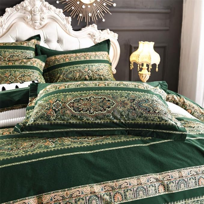 ABREEZE Bohemian Vintage King Size Floral Cotton Bedding Set 3Pcs Duvet Cover Set Boho Green Paisley 100% Egyptian Brushed Cotton Reversible Home Bedding Collection