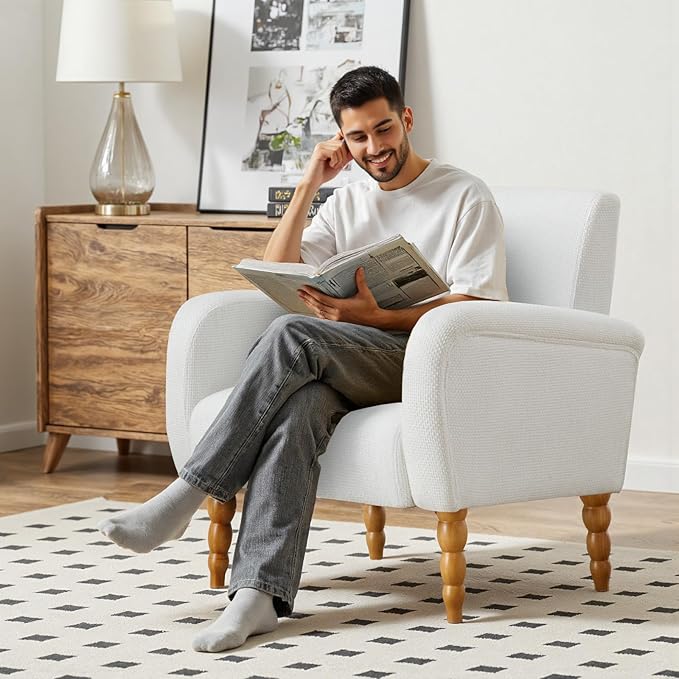 Chenille Fabric Accent Chair, Upholstered Armchair with Solid Wood Legs, Modern Living Room Accent Chair, Comfy Single Sofa Chair Reading Club Chair for Bedroom Reception Lounge, White