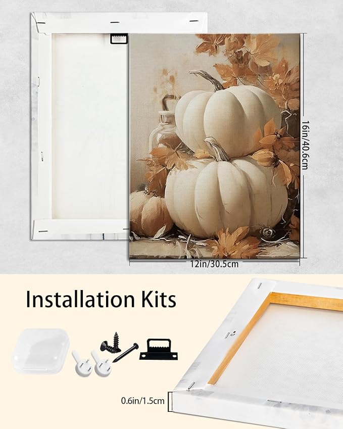 Farmhouse Autumn Pumpkin Wall Art Decor, Rustic Fall Canvas Prints Framed for Living Room Kitchen Dining Room, Thanksgiving Decorations and Cozy Fall Wall Art Picture, Ready to Hang