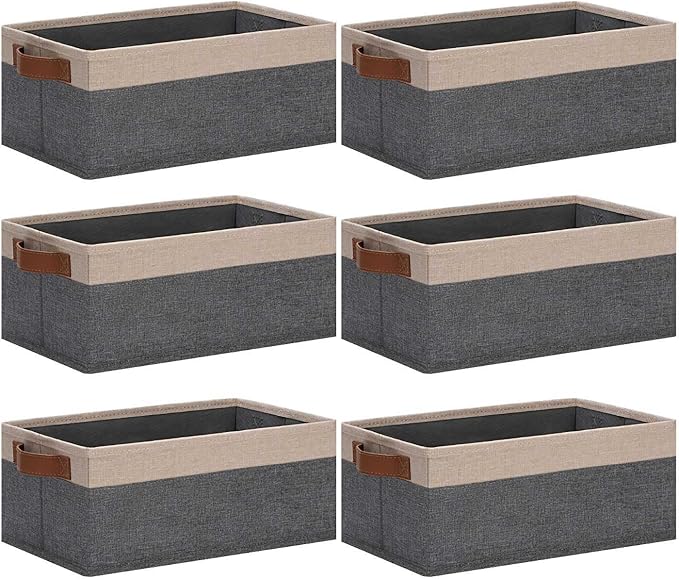 GhvyenntteS Small Fabric Storage Bins 6 Pack, 11.8" x 7.87" x 5.11" Storage Basket with Leather Handles, Closet Storage Bins for Shelves, Storage Baskets for Shelves, DVD Storage (Grey/Beige Yellow)
